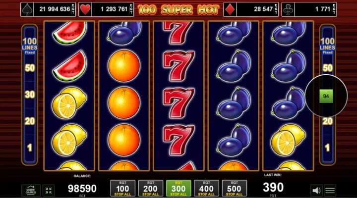 Juego base de la slot 100 Super Hot
